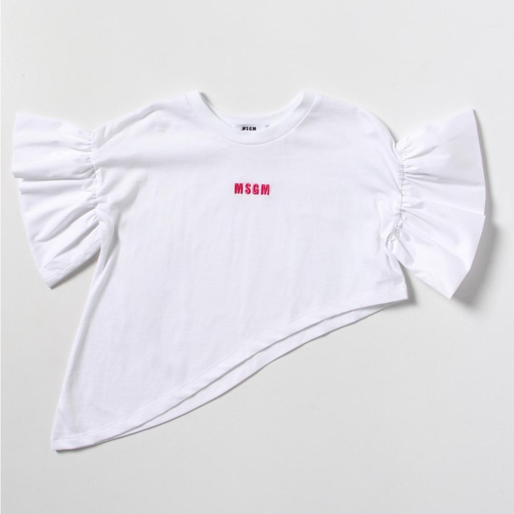 MSGM Kids White Tee with Pink Logo and Ruffled Sleeves